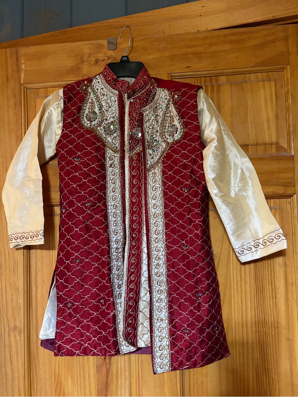 Boys Embroidered Red and Cream Kurta set with pants and scarf
